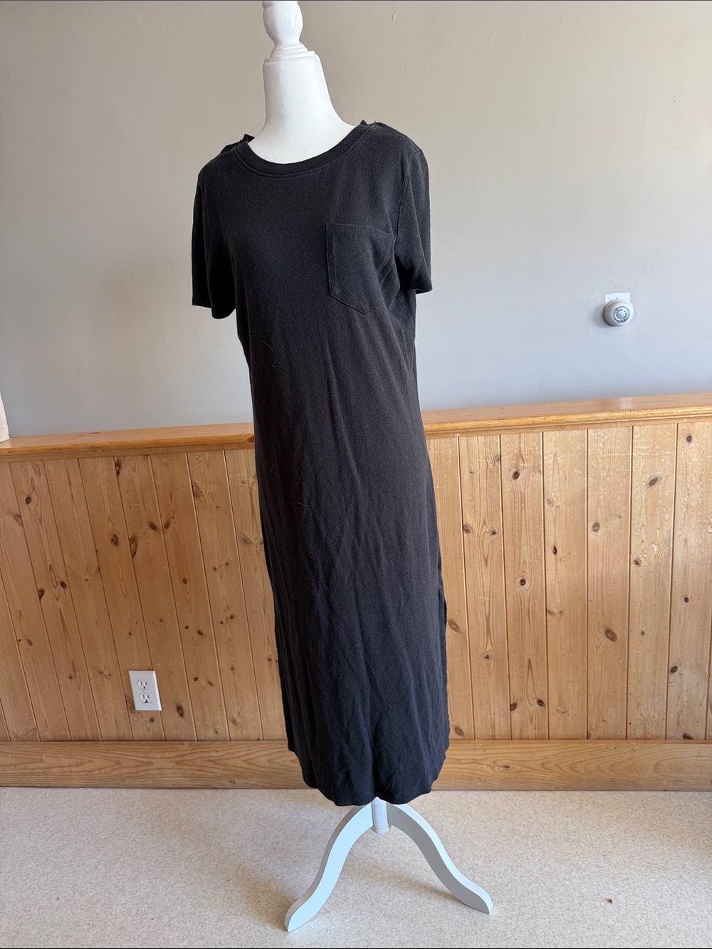 Outerknown Black Crewneck Midi T-Shirt Dress with Pocket